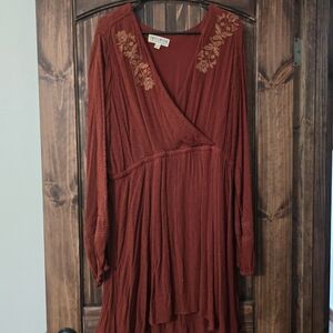 Idyllwind Rust Embroidered Long Sleeve Dress
